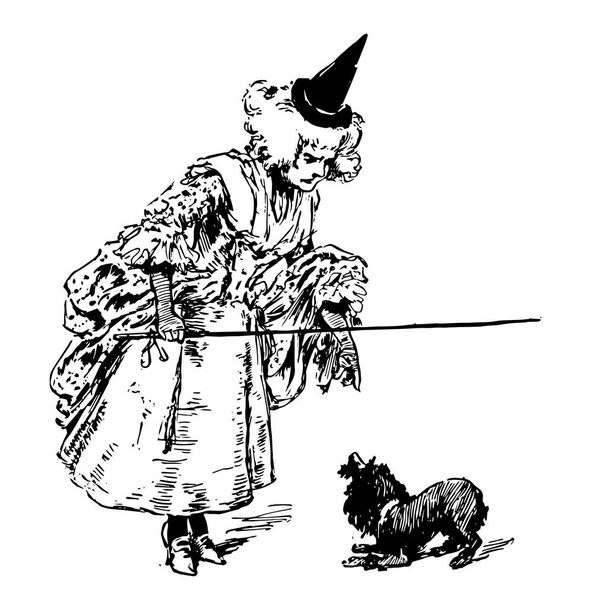 Madrinha, esta cena mostra a madrinha levantando pau em cachorrinho, desenho de linha vintage ou gravura ilustração
 - Vetor, Imagem