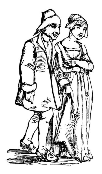 On altıncı yüzyılda, vintage çizgi çizme veya oyma illüstrasyon elbise giyen kadın ve erkek. - Vektör, Görsel