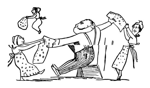 Edward Lear rýmy, tato scéna ukazuje muž sedí a roztrhal jeho vestu na kousky a dát tři ženy, vintage kreslení čar nebo gravírování obrázku - Vektor, obrázek