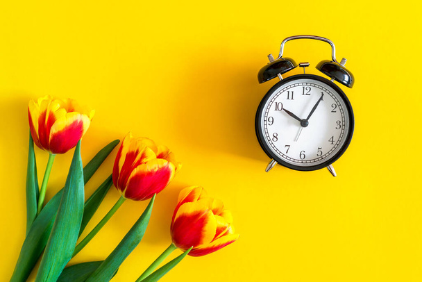 Concept time of spring, gifts for women and flowers. beautiful red and yellow fresh tulips and alarm clock on a bright yellow background. flat lay, top view. minimalistic greeting cards, spring mood. - Photo, image