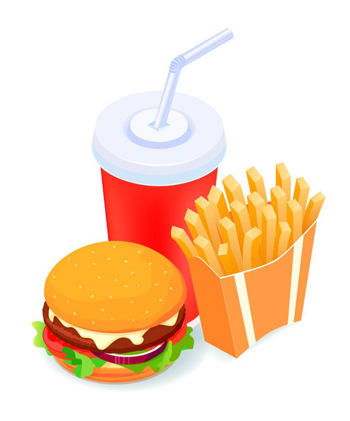Isometric vector illustration French fries and cola. Fast food concept - ベクター画像