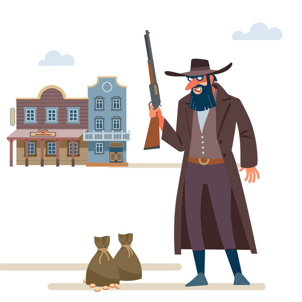 Cowboy robbed a Bank. The Old Wild West. Cartoon vector illustration. Flat style. Isolated on white background - Vector, Image
