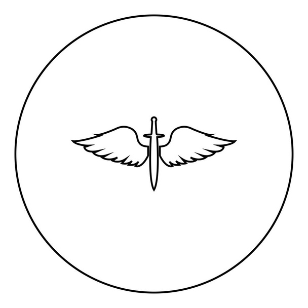 Křídla a meč symbol kadeti Okřídlené ostří zbraň středověké věku Válečník insignia Blahořez statečnost koncept ikona v kruhu kulatý obrys černá barva vektor ilustrace plochý styl jednoduchý obrázek - Vektor, obrázek
