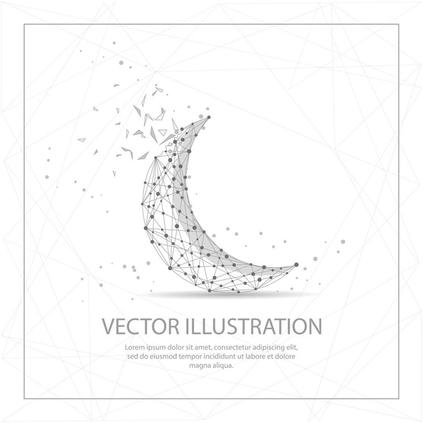 Crescent moon digitally drawn in the form of broken a part triangle shape and scattered dots low poly wire frame. - Vector, Image