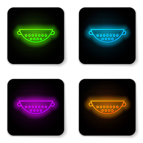 Leuchtende Neon-Linie Küche Sieb Symbol isoliert auf weißem Hintergrund. Kochutensilien. Besteckschild vorhanden. Schwarzer quadratischer Knopf. Vektorillustration - Vektor, Bild