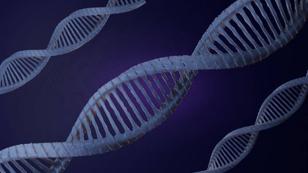 3d illustratie van de spiraalvormige structuur van DNA-streng op blauwe achtergrond - Foto, afbeelding
