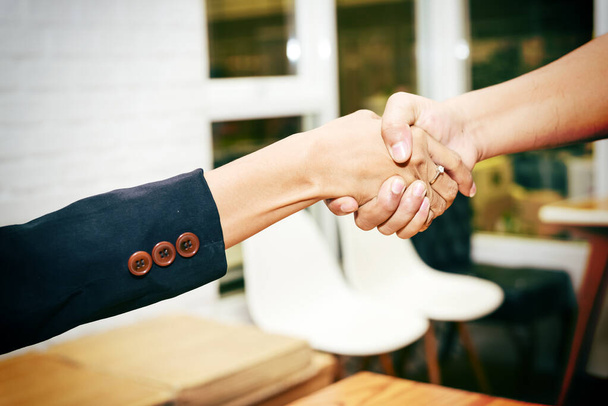 Концепция делового партнерства. Успешные бизнесмены, пожимающие друг другу руки после хороших сделок.
 - Фото, изображение