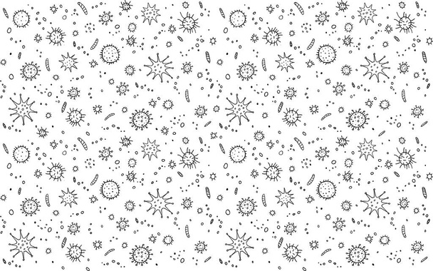 Vírus, Coronavirus. Háttér, minta, keret vázlatos molekulák és sejtek vírusos fertőzés. Egyszerű firka fekete-fehér ikonok. Mikrobiológia. - Fotó, kép