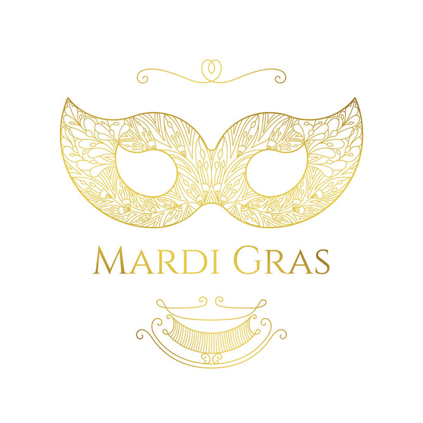 Beautiful lace mask for masquerade Mardi Gras and for the Venice Carnival. illustration in gold color on white isolated background. Classical elegant style. - Photo, Image