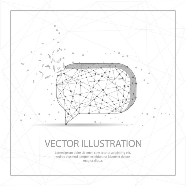 Speech bubble digitally drawn in the form of broken a part triangle shape and scattered dots low poly wire frame. - Vector, Image