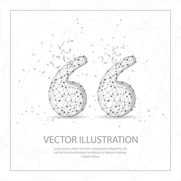 Quotation mark digitally drawn in the form of broken a part triangle shape and scattered dots low poly wire frame. - Vetor, Imagem