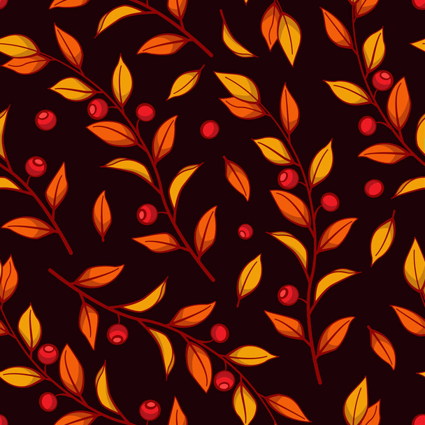 Floral seamless pattern with autumn branches, leaves and berries on dark red background. Autumn design for fabric, wallpaper, textile, package, tablecloth, web design. - Vector, afbeelding