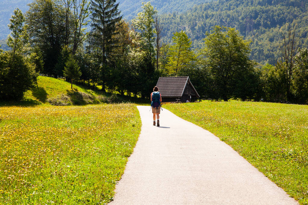Jovem com mochila caminhando ao longo do caminho no campo esloveno. Bohinj.
 - Foto, Imagem