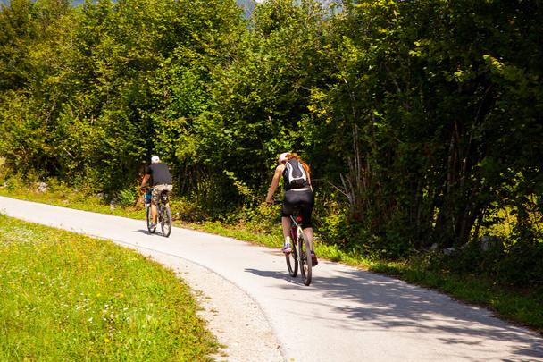 Slovenya 'nın Bohinj kentinde dağ bisikleti sürücüleri - Fotoğraf, Görsel