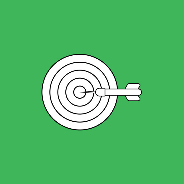 Vector illustration concept of bulls eye with dart icon in the center. Black outlines, green background. - Vector, Image