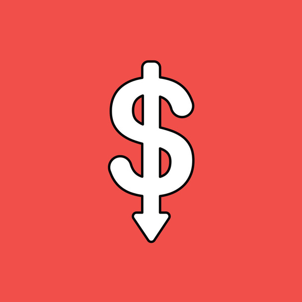 Wektorowa ilustracja symbolu dolara ze strzałką skierowaną w dół. Czarne kontury, czerwone tło. - Wektor, obraz