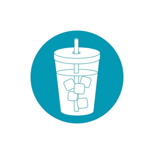 nápoj studený s kostkami ledu a slámově modrý blok styl ikony - Vektor, obrázek