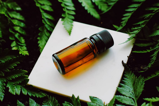 Garrafa de óleo essencial de ervas em um jardim tropical verde, aroma natural e cosméticos orgânicos
 - Foto, Imagem