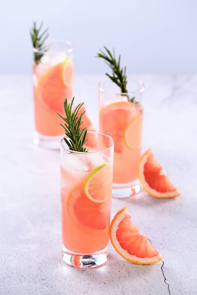 Свіжий лайм і розмарин в поєднанні зі свіжим грейпфрутовим соком і текілою. Цей коктейль наповнений яскравими цитрусовими смаками та ароматичними травами, що демонструють найкращі зимові сезонні фрукти
. - Фото, зображення