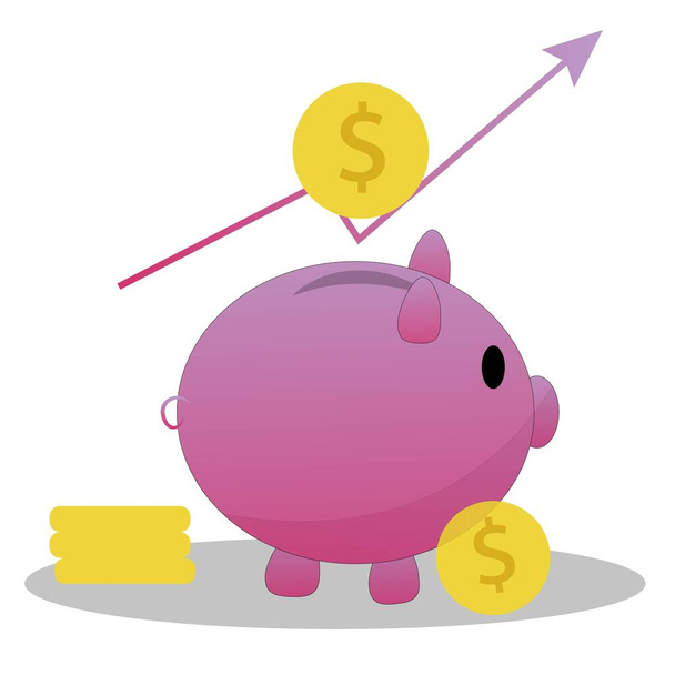 Piggy, caja de dinero con monedas y punta de flecha en diseño vectorial aislado sobre fondo blanco. Ilustración gráfica de ahorro, finanzas, éxito
.  - Vector, Imagen