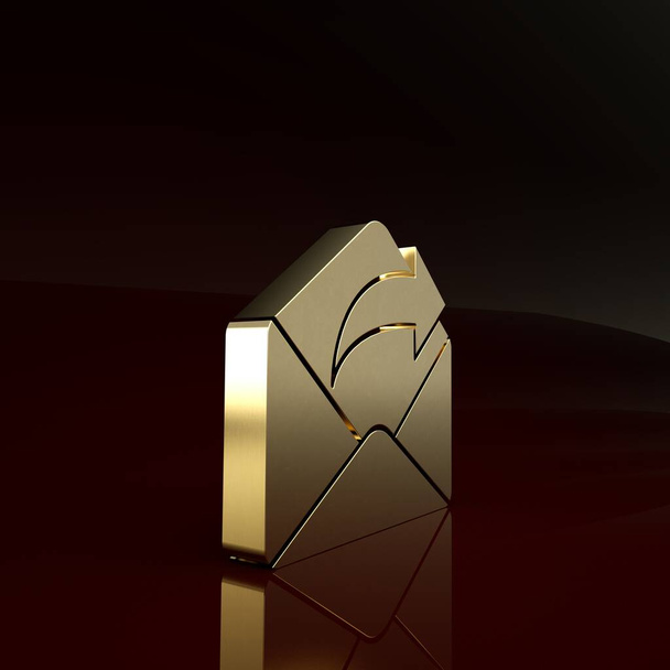 Χρυσό εξερχόμενο εικονίδιο αλληλογραφίας απομονωμένο σε καφέ φόντο. Σύμβολο φακέλων. Εξερχόμενο σημάδι μηνύματος. Κουμπί πλοήγησης αλληλογραφίας. Μινιμαλιστική έννοια. 3D απεικόνιση 3d καθιστούν - Φωτογραφία, εικόνα