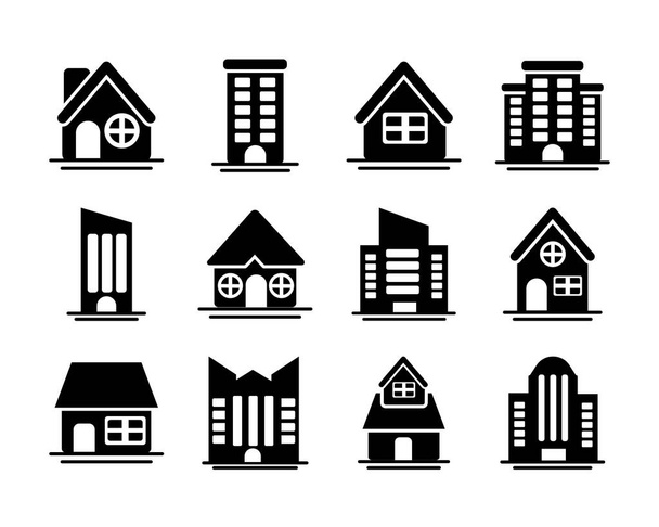 Reihe von Ikonen von Wohntürmen, Bürogebäuden und Häusern, Silhouetten-Stilikone - Vektor, Bild