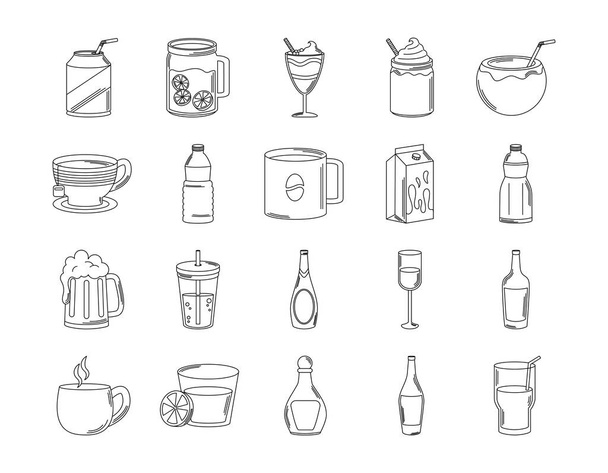 dranken drank glazen bekers fles alcoholische liquor pictogrammen set lijn stijl pictogram - Vector, afbeelding