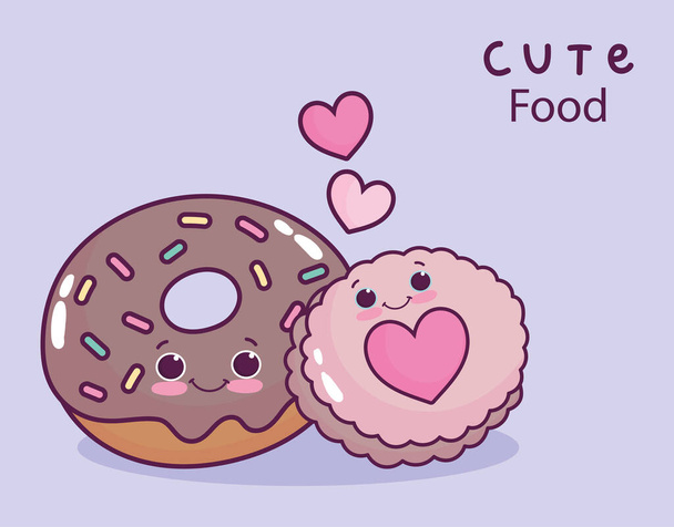schattig eten chocolade donut en koekje liefde hart zoet dessert gebak cartoon - Vector, afbeelding