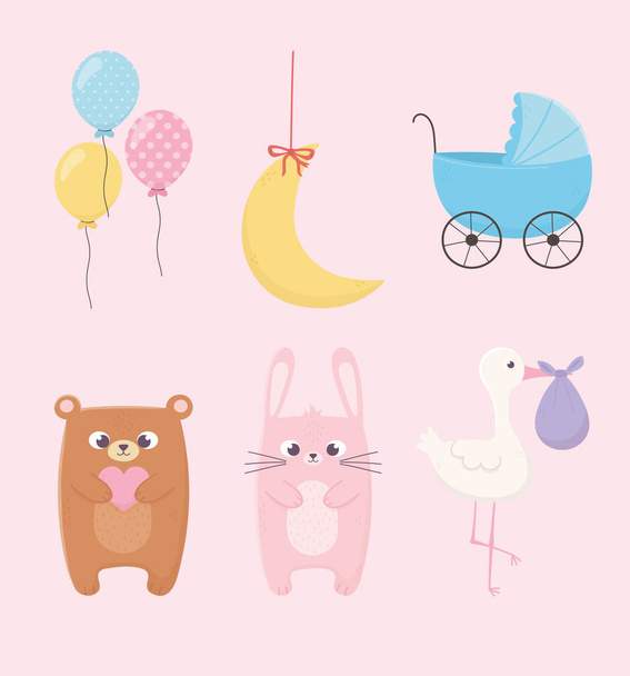 baby shower, pink rabbit teddy bear pram stork balloons and moon icons - Vetor, Imagem