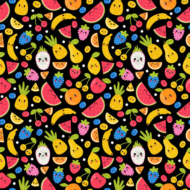 面白いと幸せなカワイイフルーツとシームレスなパターン。夏の熱帯健康食品。かわいい子供っぽい漫画の背景 - ベクター画像