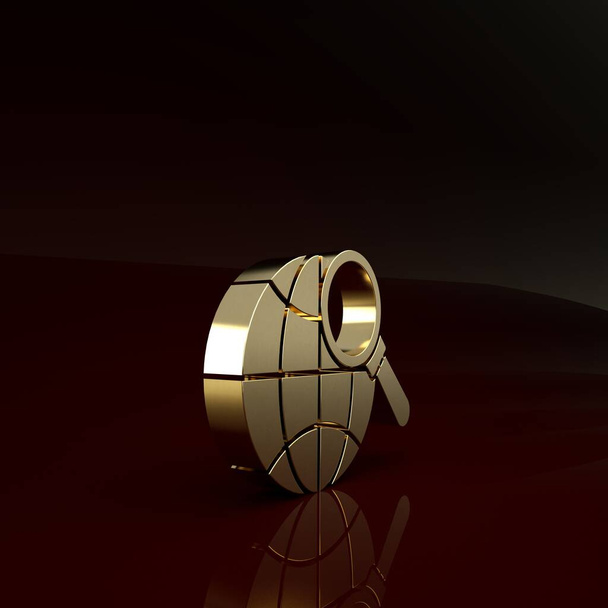 Gold-Lupe mit Globus-Symbol auf braunem Hintergrund. Die Analyse der Welt. Globales Suchzeichen. Minimalismus-Konzept. 3D Illustration 3D Renderer - Foto, Bild