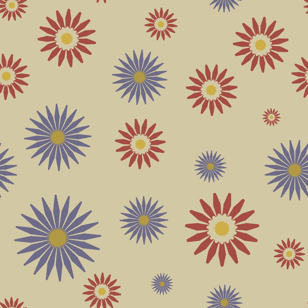Cute abstract colorful seamless pattern with simple red and blue flowers on beige background - Vetor, Imagem