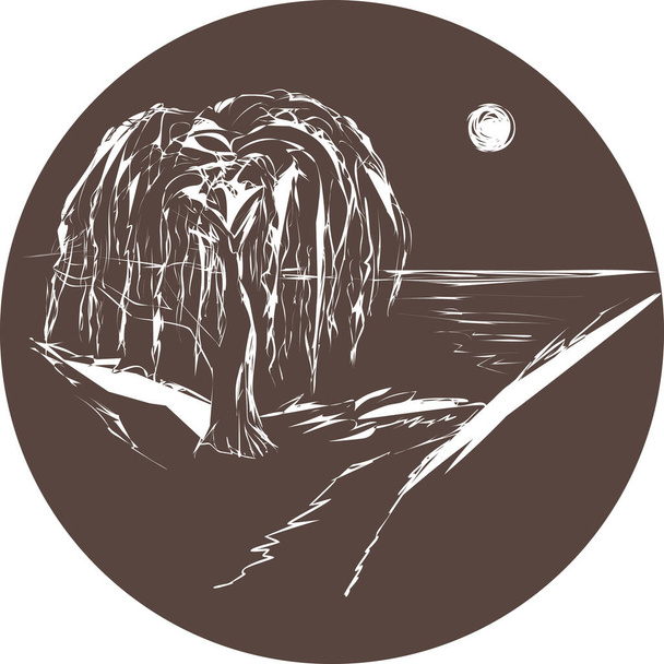 Círculo marrón oscuro con blanco dibujado paisaje nocturno con sauce y lago
 - Vector, imagen