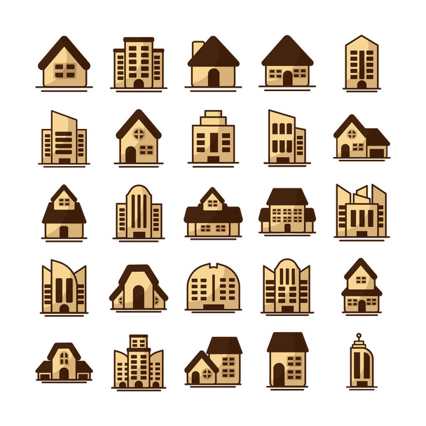 Reihe von Ikonen von Wohntürmen, Bürogebäuden und Häusern auf weißem Hintergrund - Vektor, Bild