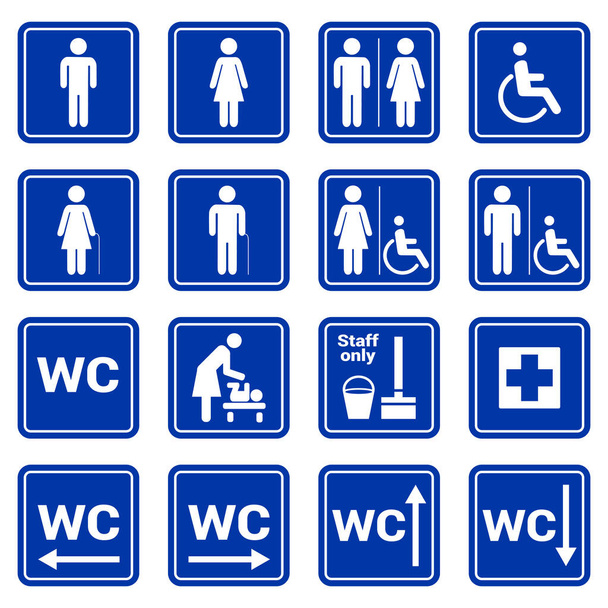 Zestaw wektorowych białych symboli toalety na niebieskim tle. Piktogram WC, mężczyzna, kobieta, niepełnosprawność, personel, żłobek, pierwsza pomoc. Ikona kwadratu z granicą. - Wektor, obraz