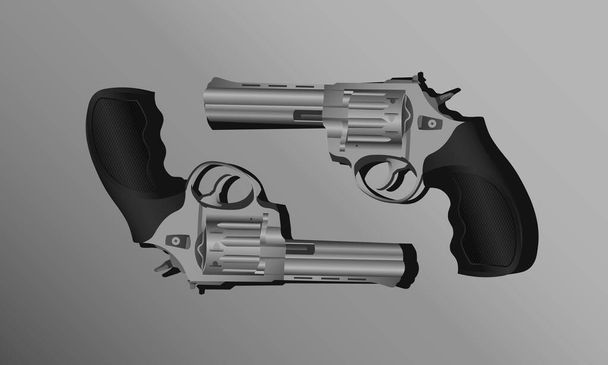 Ilustrace dvou symetrických realistických ocelových revolverů s černou rukojetí na šedém pozadí - Vektor, obrázek