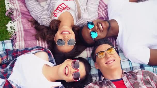 Een groep jonge studenten liggen op een geruite deken en lachen. - Video