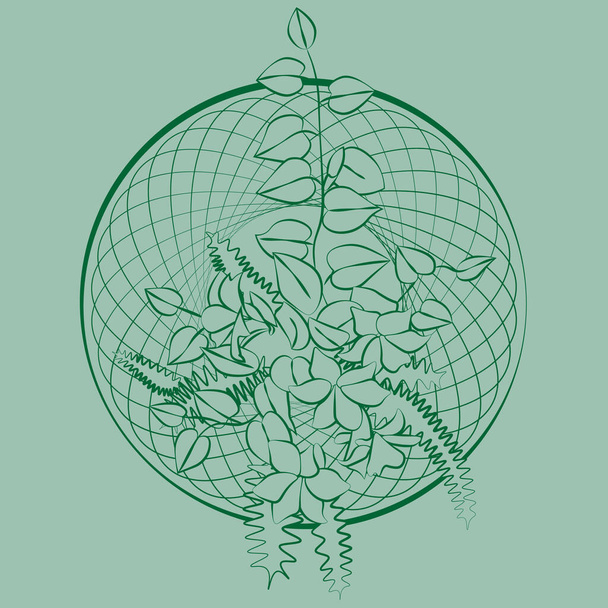 Σκίτσο του περιγράμματος πράσινο λεπτή ikebana με φύλλα και λουλούδια σε περιτυλιγμένο κύκλο - Διάνυσμα, εικόνα