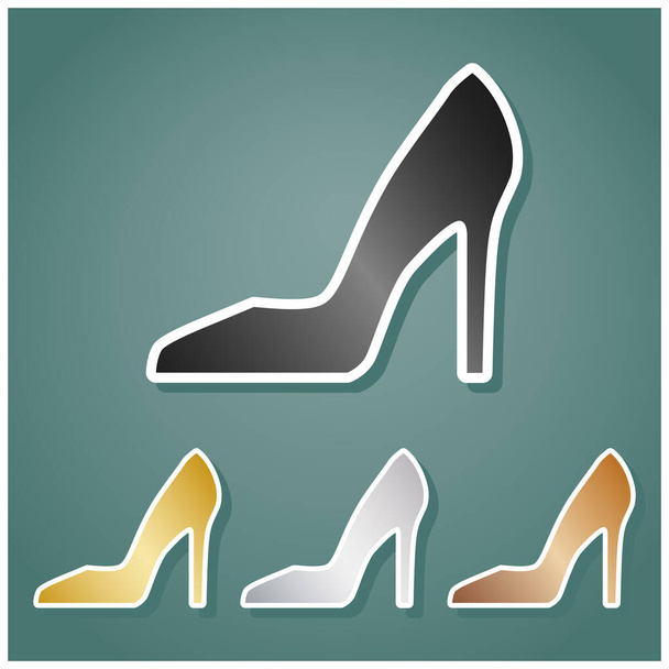 Woman shoe sign. Set of metallic Icons with gray, gold, silver and bronze gradient with white contour and shadow at viridan background. - Vektor, kép