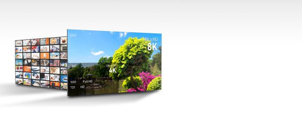 Çözünürlüklerin karşılaştırılması ile 8K çözünürlük görüntüsü. TV ekranı kavramsal grafik. Web afişi arkaplanı - Fotoğraf, Görsel