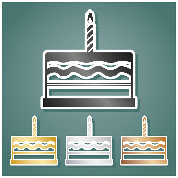 誕生日ケーキの看板。灰色、金、銀、青銅のグラデーションを背景に白い輪郭と影を持つ金属のアイコンのセット. - ベクター画像