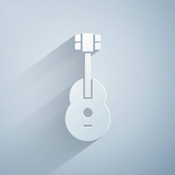 Icono de Guitarra de corte de papel aislado sobre fondo gris. Guitarra acústica. Instrumento musical de cuerda. Estilo de arte de papel. Ilustración vectorial
 - Vector, Imagen