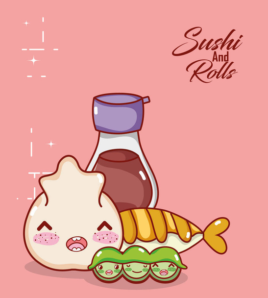 kawaii dumpling sake tempura guisantes comida japonés dibujos animados, sushi y rollos
 - Vector, imagen