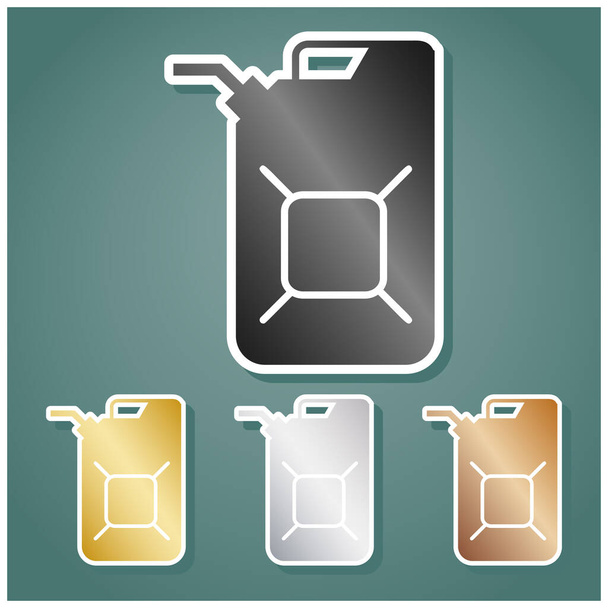 Jerrycan oil sign. Jerry can oil sign. Set of metallic Icons with gray, gold, silver and bronze gradient with white contour and shadow at viridan background. - Vector, Image
