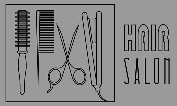 Conjunto de cuatro herramientas de peluquería de contorno negro sobre fondo gris: peine redondo, cepillo de pelo, tijeras y plancha para el cabello
 - Vector, Imagen