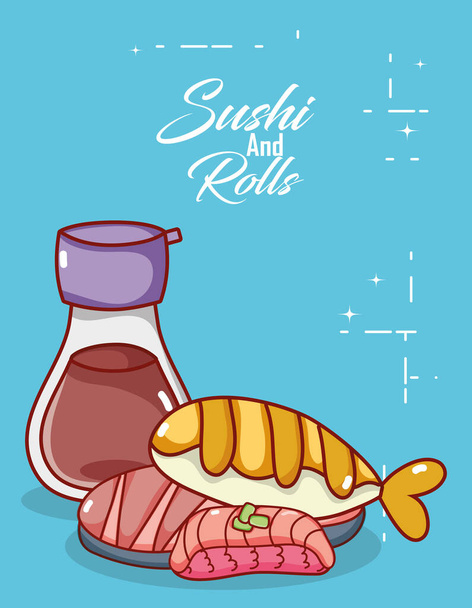 kawaii sake pesce carne cibo giapponese cartone animato, sushi e rotoli
 - Vettoriali, immagini