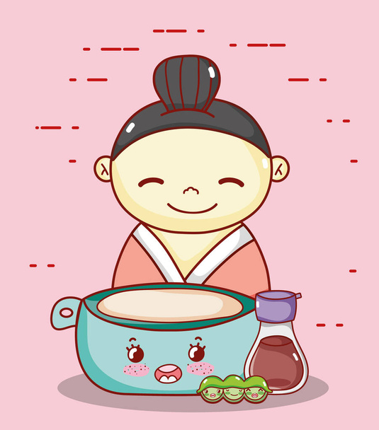 geisha with bowl sake and peas kawaii food japanese cartoon, sushi and rolls - ベクター画像