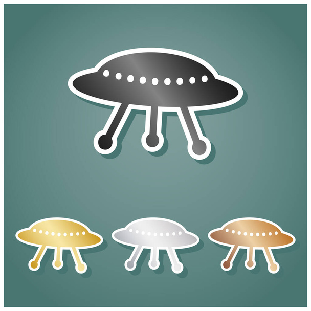 UFO simple sign. Set of metallic Icons with gray, gold, silver and bronze gradient with white contour and shadow at viridan background. - Vector, Image