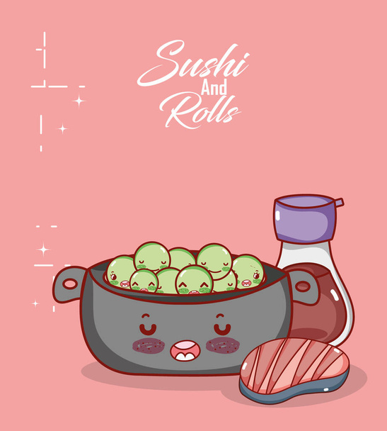 kawaii cocinar guisantes carne y sake comida japonesa dibujos animados, sushi y rollos
 - Vector, imagen