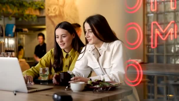 Two young brunette in casual outfit doing online purchase on laptop at restaurant. Smiling female friends helping each other to choose proper clothing. - Video, Çekim